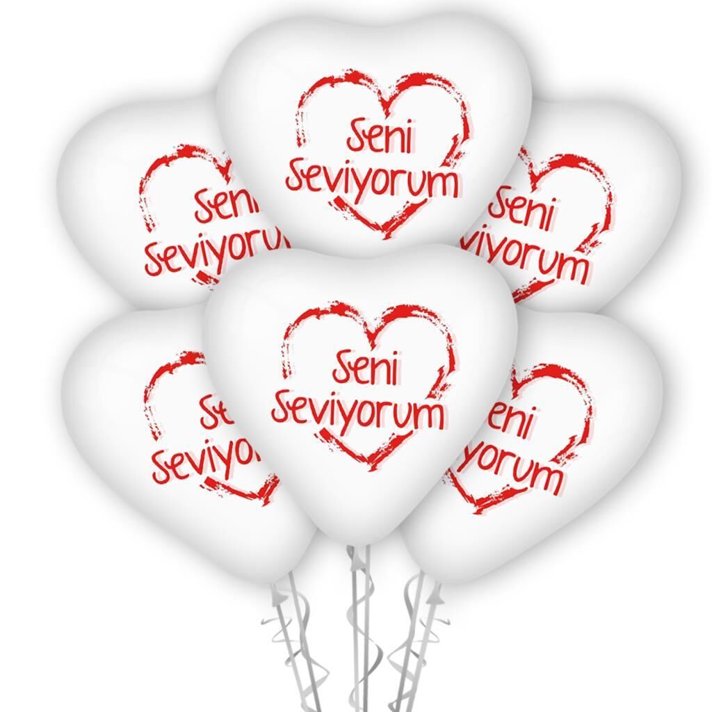 Seni Seviyorum Kırmızı Baskılı Kalp Balon Beyaz Renk ( 100 Adet )