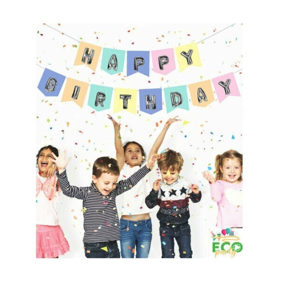 ECO MACARON-GÜMÜŞ BASKILI H.BIRTHDAY BAYRAK SET