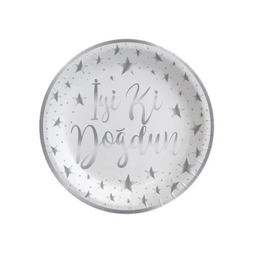 Happy Birhday Baskılı Beyaz Karton Tabak ( 8 Adet )