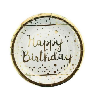 Gold Happy Birthday Baskılı Beyaz Karton Tabak Adet