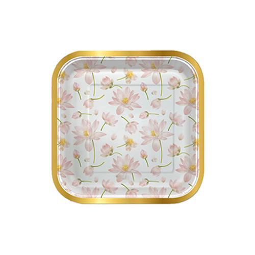 Kare Karton Tabak Çiçek Desenli Pembe Renk ( 8 Adet )