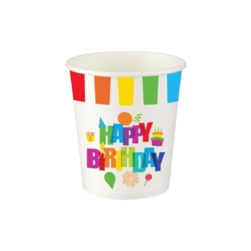 Happy Bşrthday Baskılı Renkli Karton Bardak ( 8 Adet )