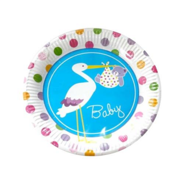Baby Shower Leylek Baskılı Karton Tabak Mavi Renk ( 8 Adet )