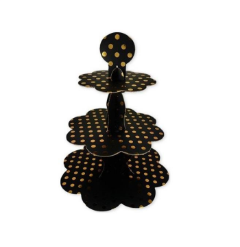 3 Katlı Cupcake Standı Siyah-Gold Puantiyeli