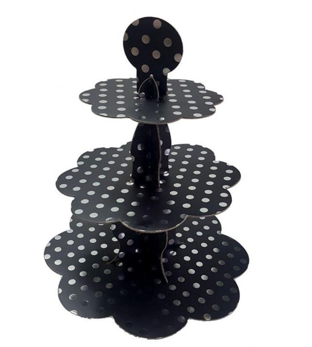3 Katlı Cupcake Standı Siyah-Silver Puantiyeli