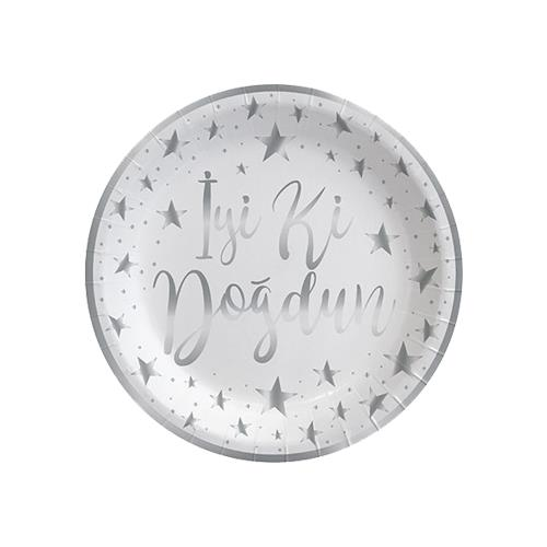 İyi Ki Doğdun Gümüş Baskılı Karton Tabak Beyaz Renk ( 8 Adet )