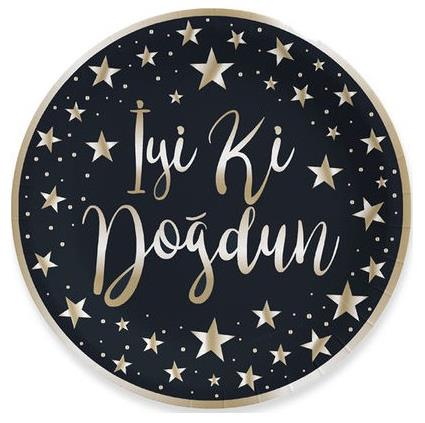 İyi Ki Doğdun Gold Baskılı Siyah Renk Karton Tabak 8 Adet