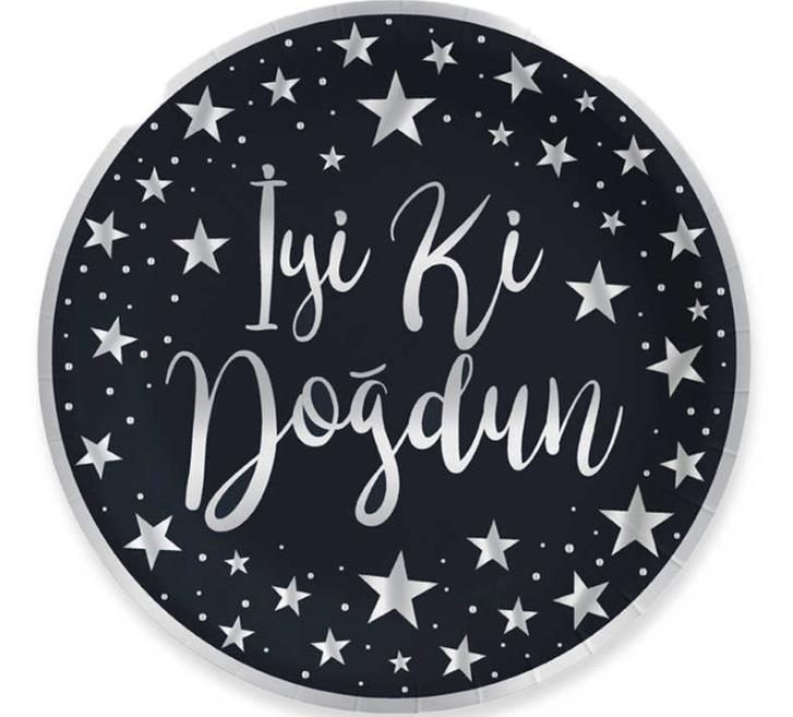 İyi Ki Doğdun Gümüş Baskılı Siyah Renk Karton Tabak 8 Adet