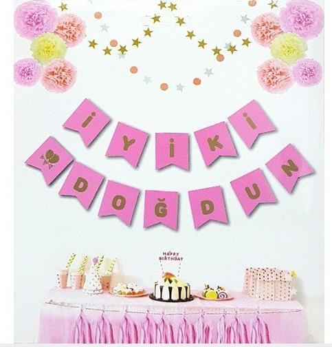 İYİ Kİ DOĞDUN PEMBE BAYRAK SET GOLD YAZI