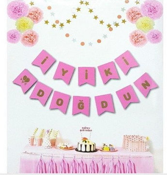 İYİ Kİ DOĞDUN PEMBE BAYRAK SET GOLD YAZI