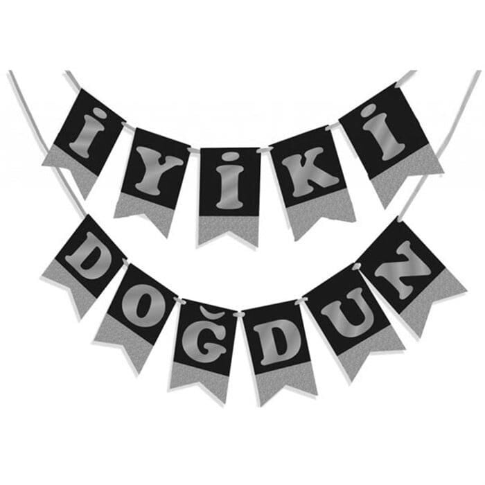 ECO MACARON-GÜMÜŞ BASKILI İYİ Kİ DOĞDUN BAYRAK SET