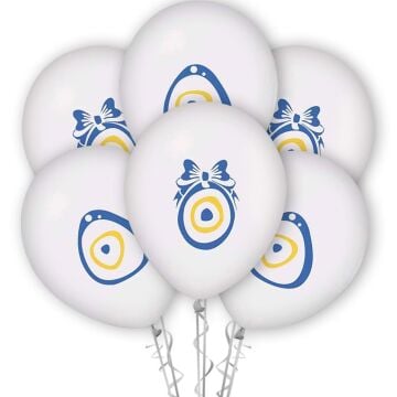 Nazar Boncuğu Baskılı 12'' Balon Beyaz Renk ( 100 Adet )