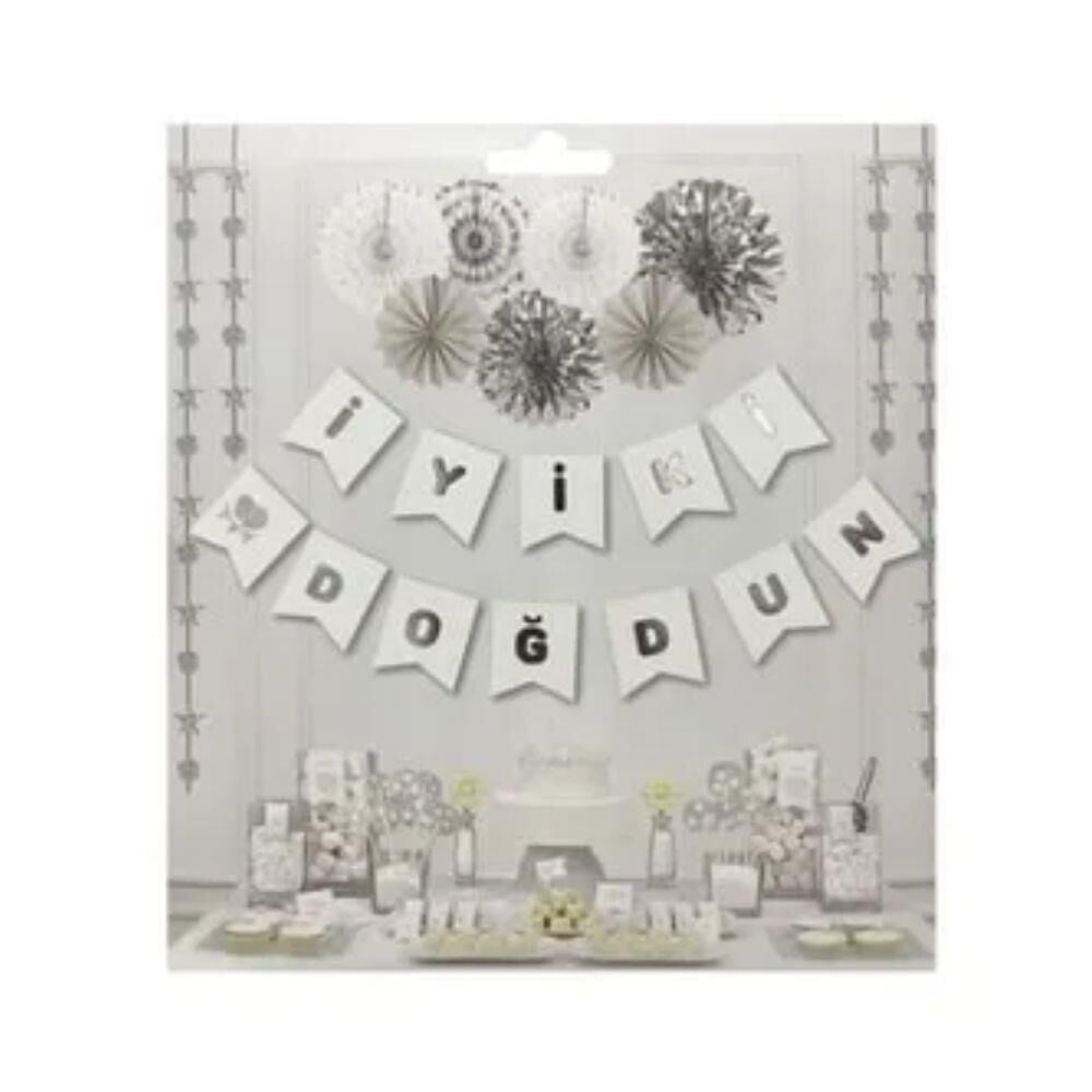 BEYAZ İYİKİ DOĞDUN BANNER GÜMÜŞ YAZILI (ERA)