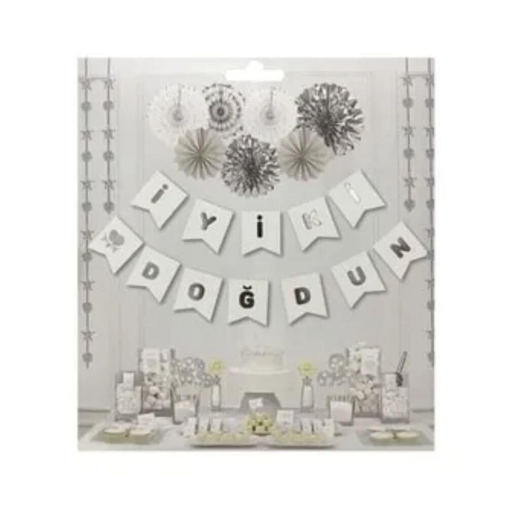 BEYAZ İYİKİ DOĞDUN BANNER GÜMÜŞ YAZILI (ERA)