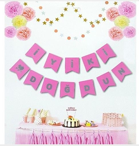 İYİ Kİ DOĞDUN PEMBE BAYRAK SET GÜMÜŞ YAZI