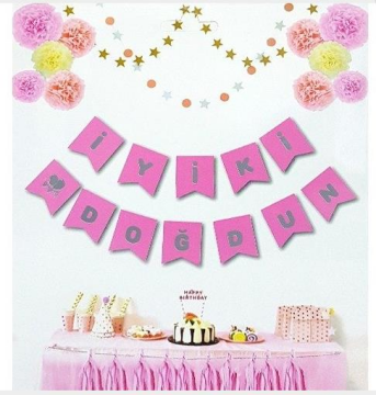 İYİ Kİ DOĞDUN PEMBE BAYRAK SET GÜMÜŞ YAZI