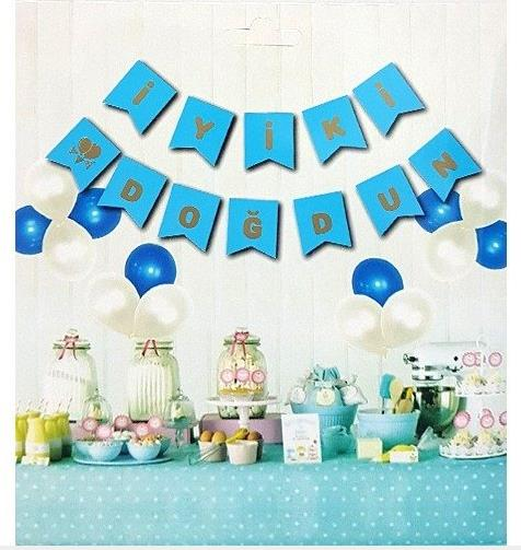 İYİ Kİ DOĞDUN MAVİ BAYRAK SET GOLD YAZI