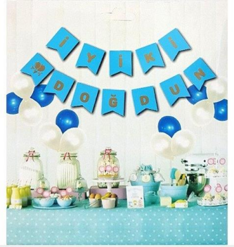 İYİ Kİ DOĞDUN MAVİ BAYRAK SET GOLD YAZI