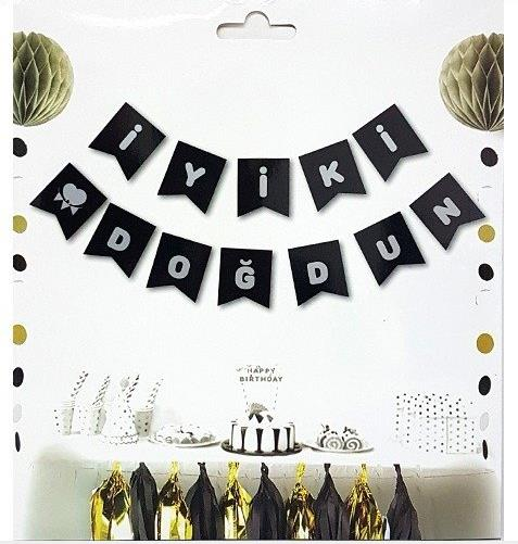 İYİ Kİ DOĞDUN SİYAH BAYRAK SET GÜMÜŞ YAZI