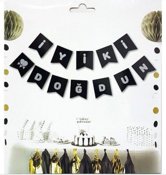 İYİ Kİ DOĞDUN SİYAH BAYRAK SET GÜMÜŞ YAZI