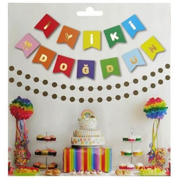 İYİ Kİ DOĞDUN GÖKKUŞAĞI BAYRAK SET GOLD YAZI