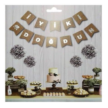 İYİ Kİ DOĞDUN KRAFT BAYRAK SET GÜMÜŞ YAZI
