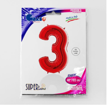 S/SHAPE FOİL BALON - NUMBER 3 RED