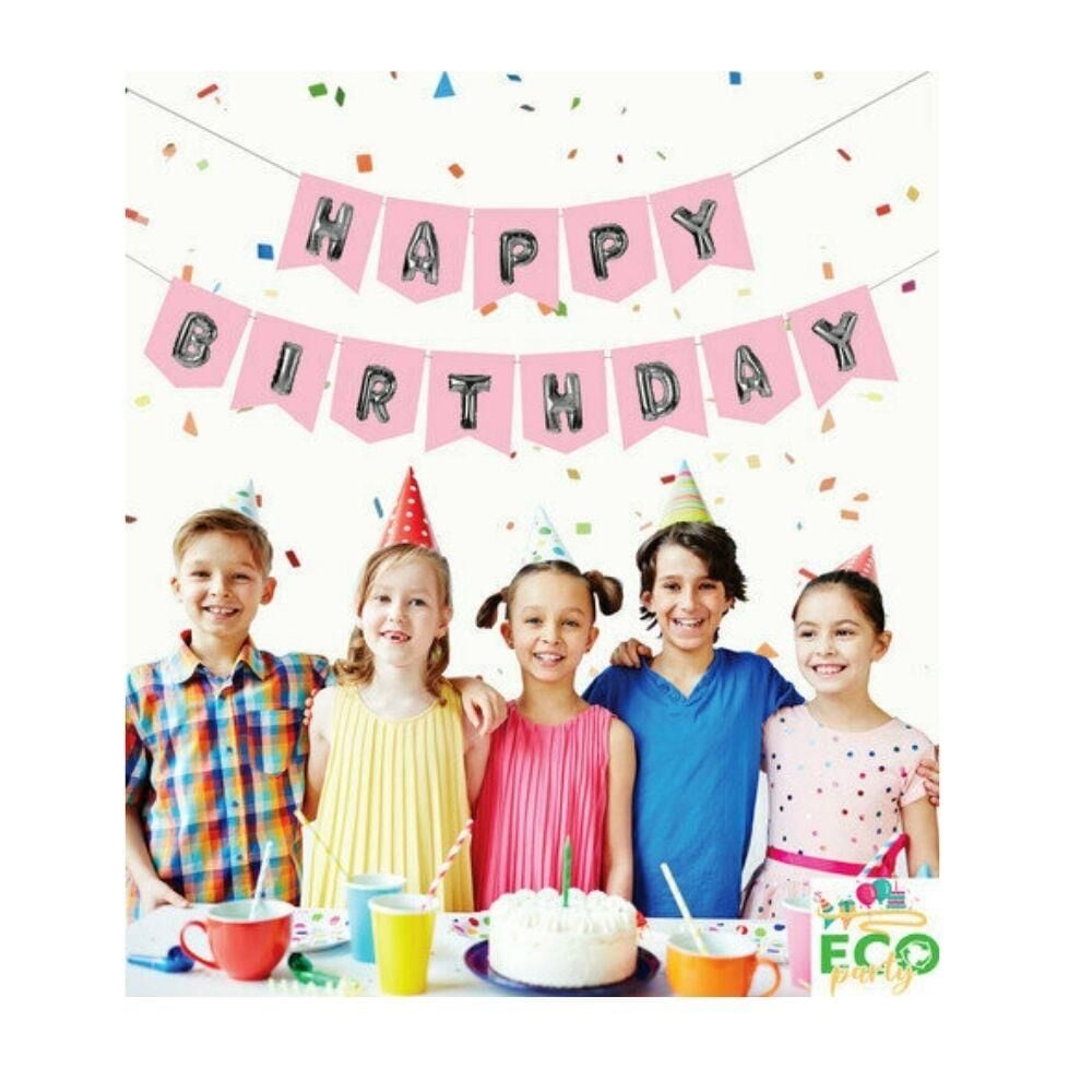 ECO PEMBE-GÜMÜŞ  BASKILI H.BIRTHDAY BAYRAK SET
