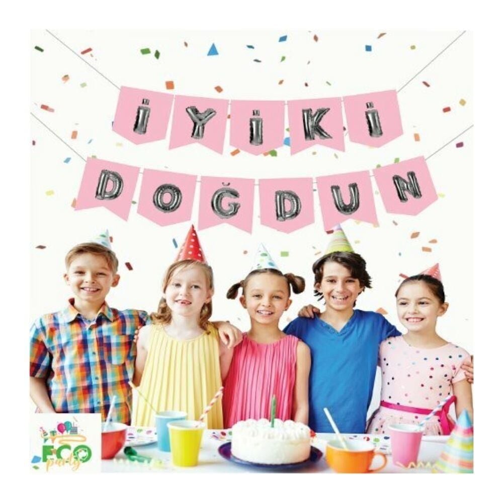 ECO PEMBE-GÜMÜŞ BASKILI İYİ Kİ DOĞDUN BAYRAK SET