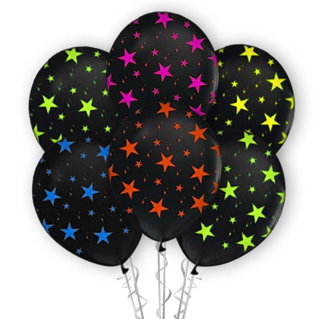 Çepeçevre Karışık Floresan Yıldızlar Baskılı 12'' Balon Siyah Renk ( 100 Adet )