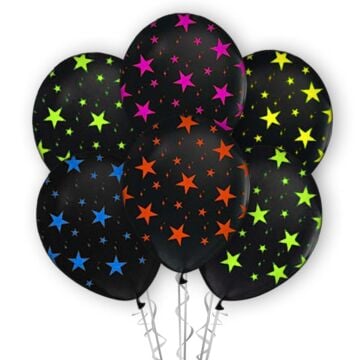 Çepeçevre Karışık Floresan Yıldızlar Baskılı 12'' Balon Siyah Renk ( 100 Adet )
