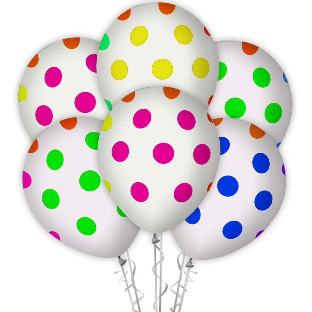 Çepeçevre Karışık Floresan Puantiye Baskılı 12''Balon Beyaz Renk ( 100 Adet )