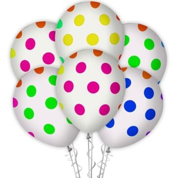 Çepeçevre Karışık Floresan Puantiye Baskılı 12''Balon Beyaz Renk ( 100 Adet )