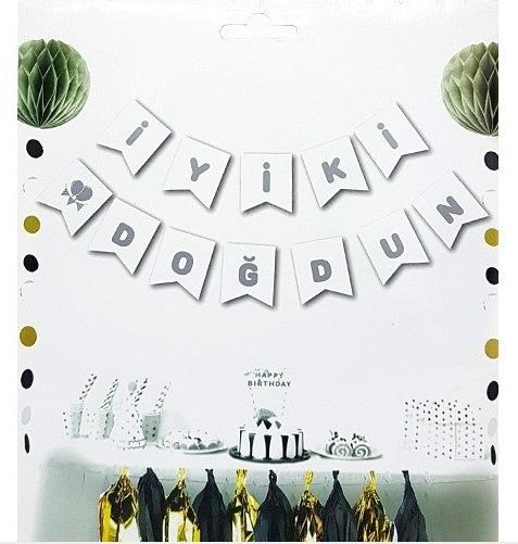 İYİ Kİ DOĞDUN BEYAZ BAYRAK SET GÜMÜŞ YAZI