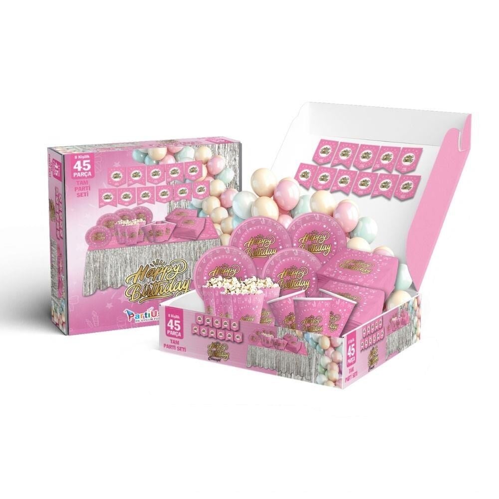 PARTİ SETİ 45 Lİ HAPPY BİRTHDAY PEMBE GOLD