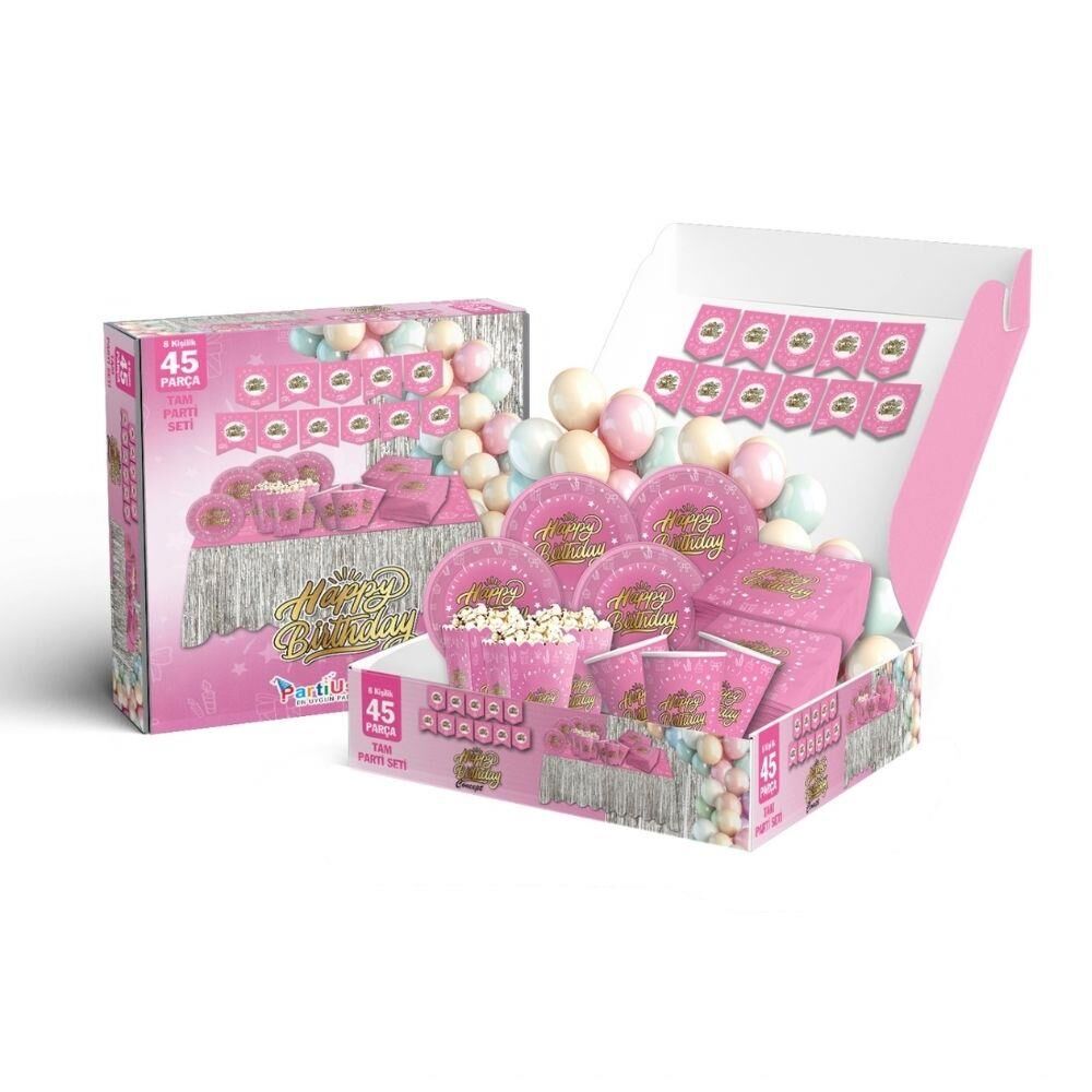 PARTİ SETİ 45 Lİ HAPPY BİRTHDAY PEMBE GOLD