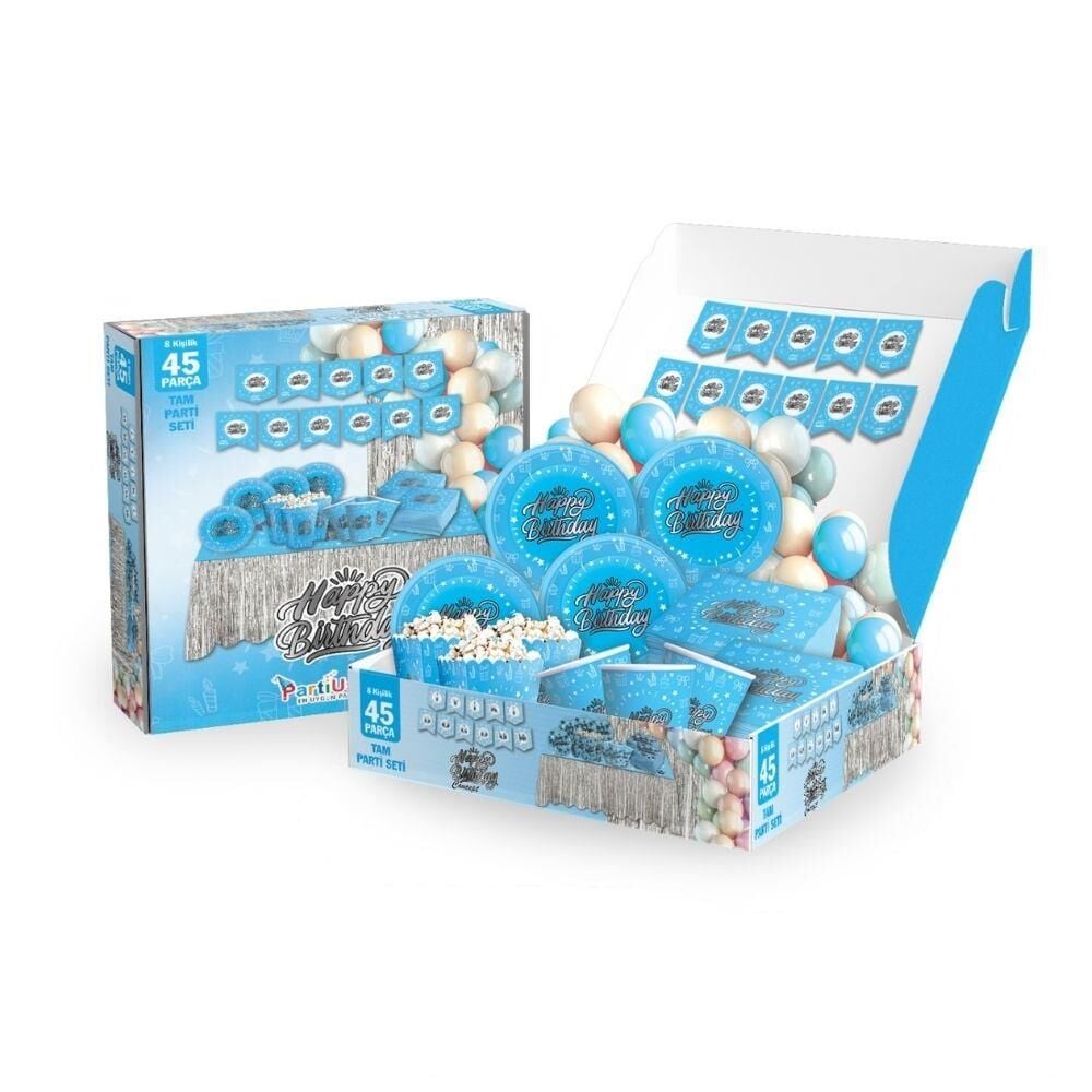 PARTİ SETİ 45 Lİ HAPPY BİRTHDAY MAVİ GÜMÜŞ