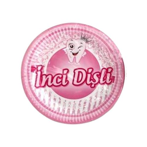 İnci Dişli Baskılı Karton Tabak Pembe Renk ( 8 Adet )