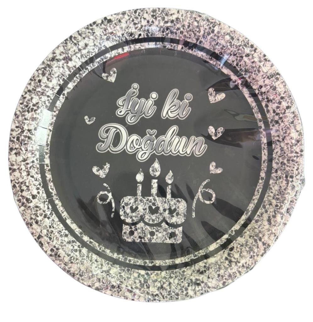SİYAH-GÜMÜŞ İYİ Kİ DOĞDUN KARTON TABAK 8 Lİ
