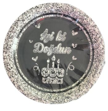 SİYAH-GÜMÜŞ İYİ Kİ DOĞDUN KARTON TABAK 8 Lİ