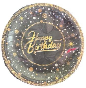 SİYAH-GOLD HAPPY BİRTHDAY KARTON TABAK 8 Lİ