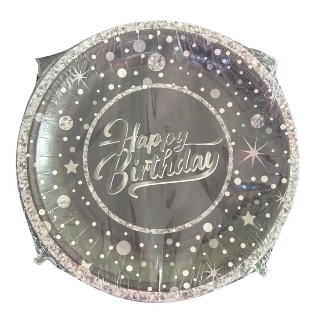 SİYAH-GÜMÜŞ HAPPY BİRTHDAY KARTON TABAK 8 Lİ