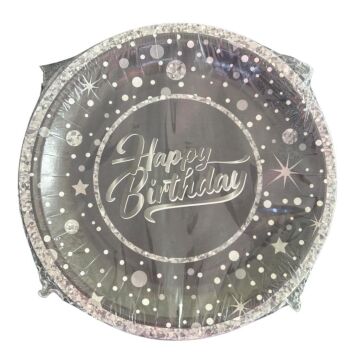 SİYAH-GÜMÜŞ HAPPY BİRTHDAY KARTON TABAK 8 Lİ