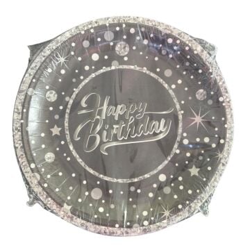 SİYAH-GÜMÜŞ HAPPY BİRTHDAY KARTON TABAK 8 Lİ