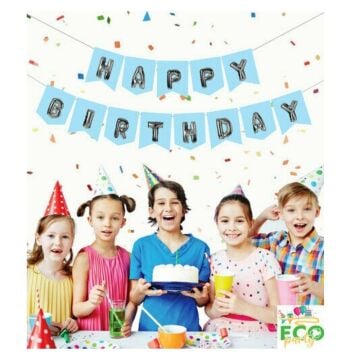 ECO MAVİ-GÜMÜŞ  BASKILI H.BIRTHDAY BAYRAK SET