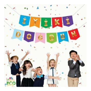 ECO RENKLİ-GOLD BASKILI İYİ Kİ DOĞDUN BAYRAK SET